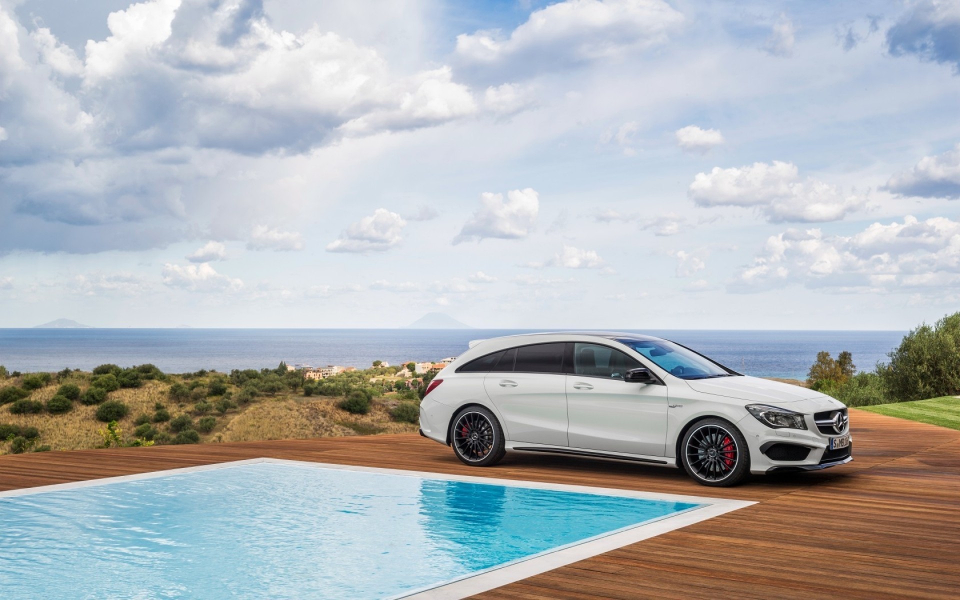 mercedes-benz seyahat araba su gökyüzü yaz tatil mercedes cla 45 amg