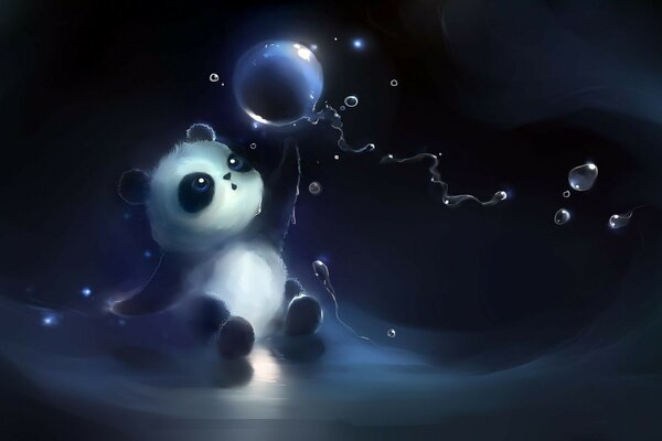 Ayı panda parlayan sabun köpükleriyle oynanır