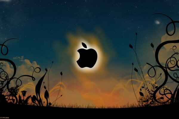 Koyu mavi gökyüzünün ve desenlerin arka planında parlayan bir kenara sahip Apple logosu