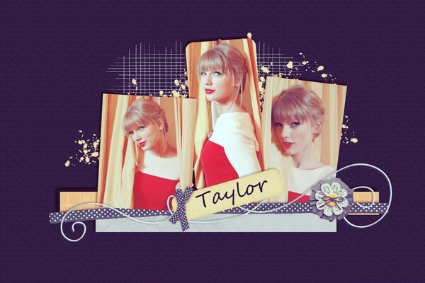 Kırmızı elbiseli Taylor Swift ile Fotoğraf Kolajı
