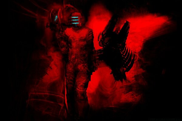 Maske üzerinde arkadan aydınlatmalı kırmızı bir arka plan üzerinde robot