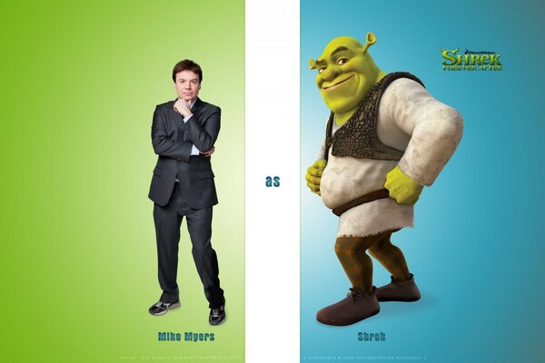 Aktör, çizgi film kahramanı Shrek in yanında tasvir ediliyor
